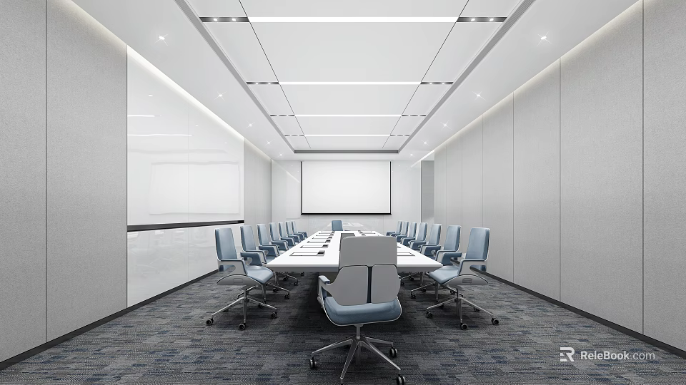 Modern Conference Room With Long Table Blue Chairs Projection Screen White Walls And Ceiling Lights 3d model 