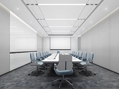 Modern Conference Room With Long Table Blue Chairs Projection Screen White Walls And Ceiling Lights 3d model