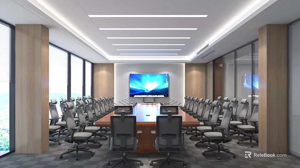 Modern Conference Room Interior With Long Table Large Screen And Wooden Decor 3d model