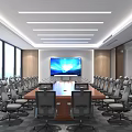 Modern Conference Room Interior With Long Table Large Screen And Wooden Decor 3d model