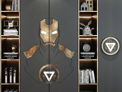 Elegant Decorative Cabinet with Iron Man Design Golden Accents and Books on Shelves 3d model