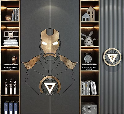 Elegant Decorative Cabinet with Iron Man Design Golden Accents and Books on Shelves 3d model
