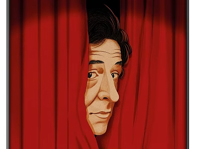 A Face Peeking Out From Behind Red Curtains In Illustration Design 3d model