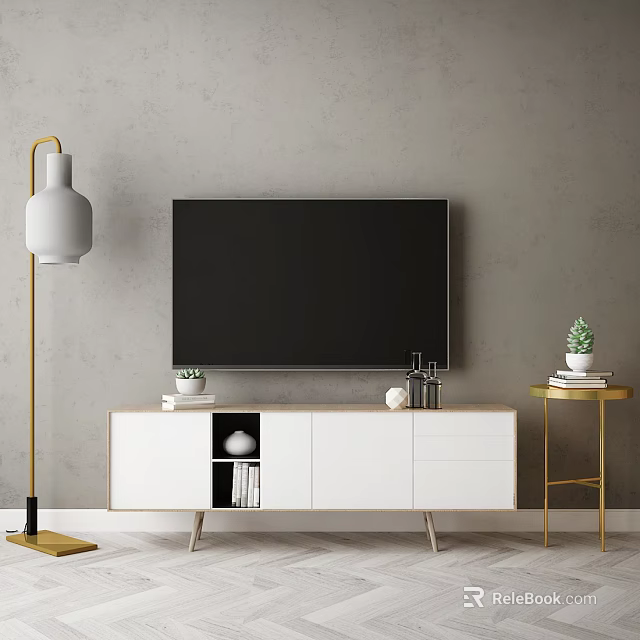 Modern White TV Stand with Flat Screen TV Gold Floor Lamp and Potted Plants 3d model 