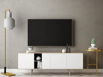 Modern White TV Stand with Flat Screen TV Gold Floor Lamp and Potted Plants 3d model