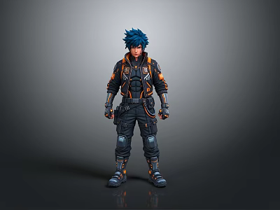 Futuristic Character With Blue Hair In Black And Orange Armored Suit Standing Pose 3d model