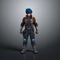 Futuristic Character With Blue Hair In Black And Orange Armored Suit Standing Pose