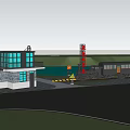 Post Station With Red Signboard Two Story Building Black Windows Train Carriage And Water Background