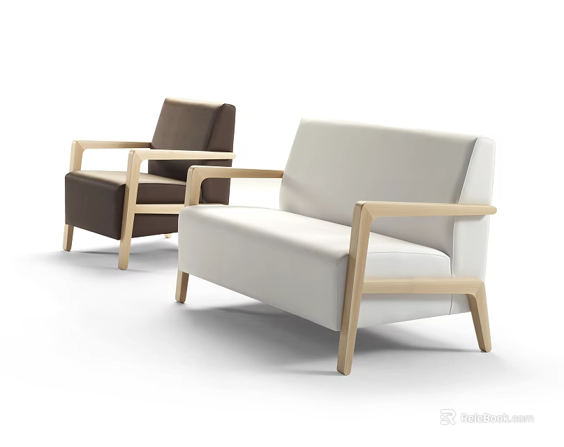 Modern Two Seater and Single Sofa Set in Brown and Beige with Wooden Armrests 3d model 