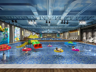 Indoor Swimming Pool Featuring Colorful Inflatable Toys Water Slide And Lounge Chairs 3d model