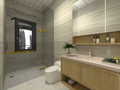 Modern Bright Bathroom With Light Wood Vanity Cabinets And Tiled Shower Space Comfortable Interior Design 3d model