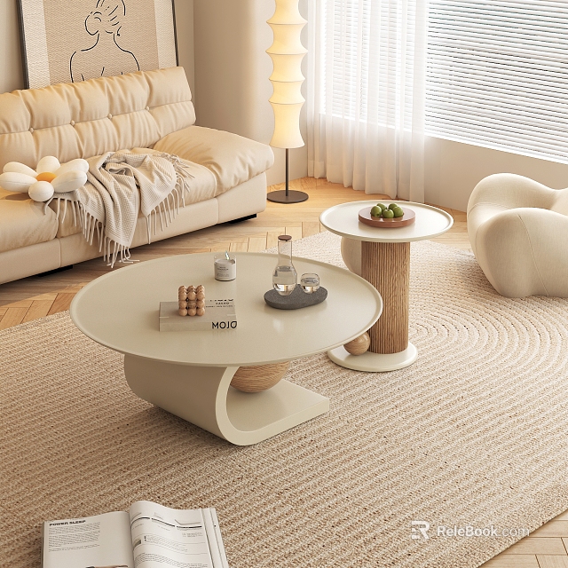 Modern Coffee Table With Wooden Accents Holding Magazine And Green Fruits In Living Room 3d model 