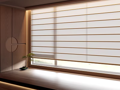 Modern Interior Window With Wooden Blinds And Sill Plant Decoration 3d model