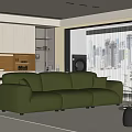 Green Plush Multi Seater Sofa In Modern Interior With White Cabinets Open Shelf Lighting
