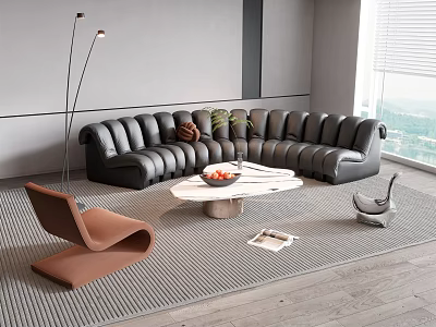 Modern Black Leather Curved Sofa and Round Marble Coffee Table Set with Lamp and Chairs 3d model