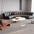 Modern Black Leather Curved Sofa and Round Marble Coffee Table Set with Lamp and Chairs