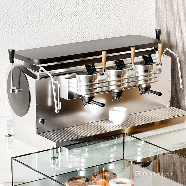 Modern Stainless Steel Coffee Machine With Multiple Spouts On Glass Countertop And White Cup 3d model 