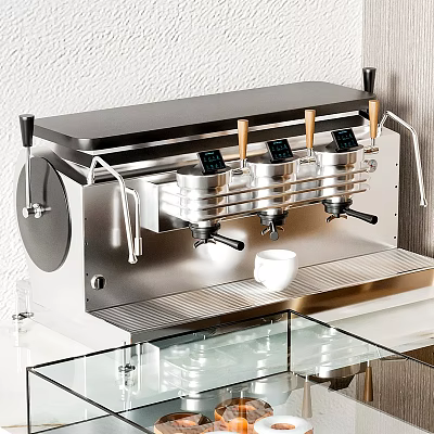 Modern Stainless Steel Coffee Machine With Multiple Spouts On Glass Countertop And White Cup 3d model