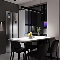 Modern Living And Dining Room With Black Sofa Orange Armchair Large TV City Night View