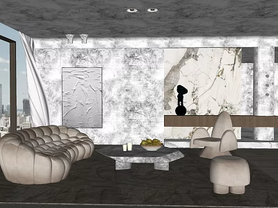 Modern Stylish Sofa And Coffee Table Set With Accent Chairs Stool And Textured Wall Artwork 3d model