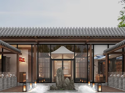 Traditional Chinese Architectural Specialty Store With Tile Roof Glass Doors And Courtyard Rockery Lanterns 3d model
