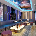 KTV Interior with Starry Sky Ceiling Blue Neon Lights Sofas Coffee Tables and Large Screens 3d model
