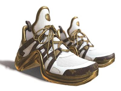Fashionable White Gold Mesh Upper Sneakers with Metallic Sole and Golden Laces Design 3d model