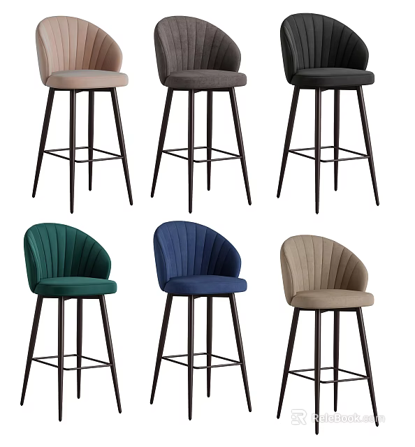 Modern Bar Stools With Curved Backrest Velvet Upholstery Black Metal Legs And Various Colors 3d model 
