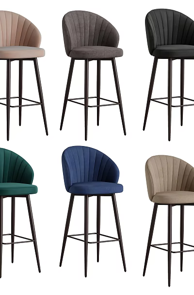 Modern Bar Stools With Curved Backrest Velvet Upholstery Black Metal Legs And Various Colors 3d model