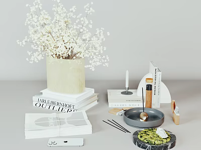 Decorative Ornament Combination With White Floral Bouquet Beige Vase Stacked Books Candle Tray And Incense 3d model
