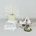 Decorative Ornament Combination With White Floral Bouquet Beige Vase Stacked Books Candle Tray And Incense