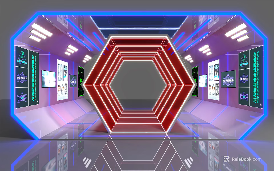 Futuristic Tech Corridor With Illuminated Red Hexagonal Structure Blue Lighting And Reflective Floor 3d model