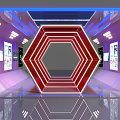 Futuristic Tech Corridor With Illuminated Red Hexagonal Structure Blue Lighting And Reflective Floor 3d model