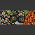 Assorted Food Platter with Red Shrimp Black Melon Seeds Green Garnish and Colorful Sauce