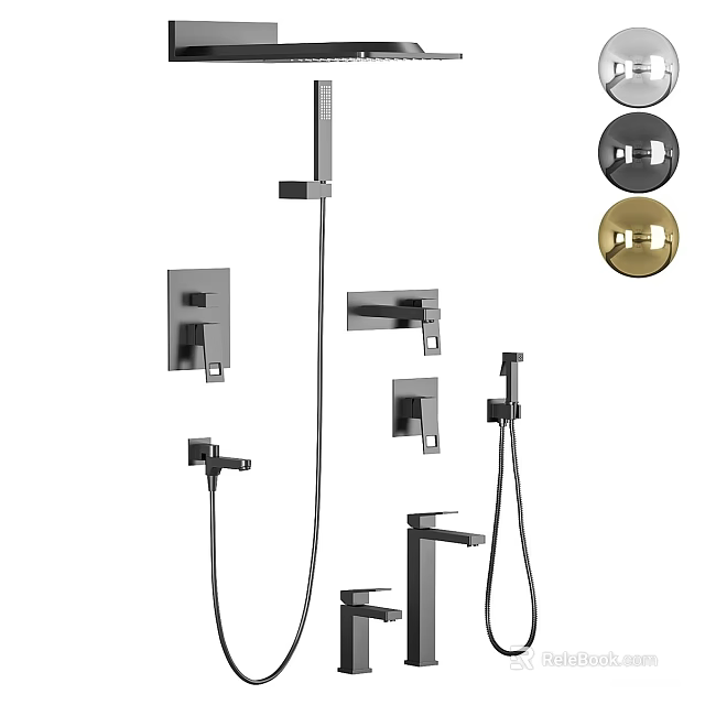 Modern Shower System With Fixed Handheld Heads And Black Gold Control Knobs 3d model