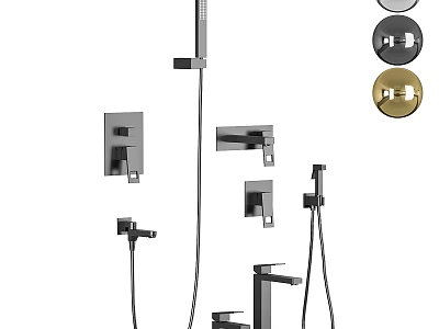 Modern Shower System With Fixed Handheld Heads And Black Gold Control Knobs 3d model