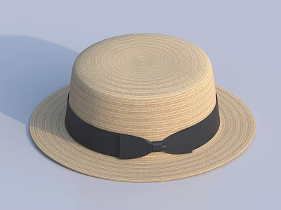 Beige Woven Straw Hat With Black Ribbon Bow Classic Summer Style 3d model
