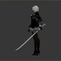 Woman With White Short Hair In Black Lace Dress Holding Long Sword And High Heels