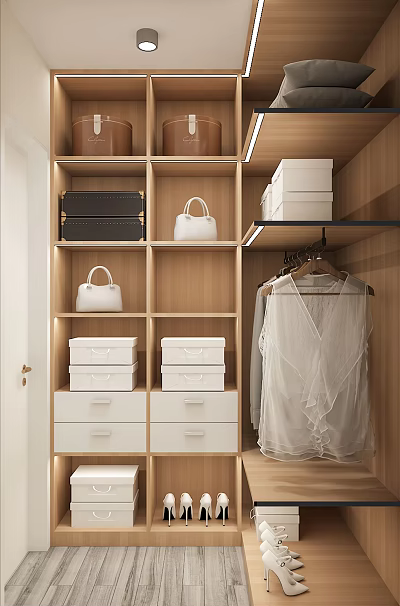 Organized Wooden Wardrobe Interior with Shelves White Handbags Black Trunk Boxes and Hanging Garment 3d model