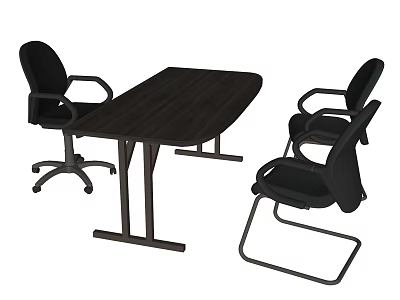 Dark Wooden Office Desk With Three Black Ergonomic Chairs And Modern Setup 3d model