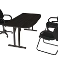 Dark Wooden Office Desk With Three Black Ergonomic Chairs And Modern Setup