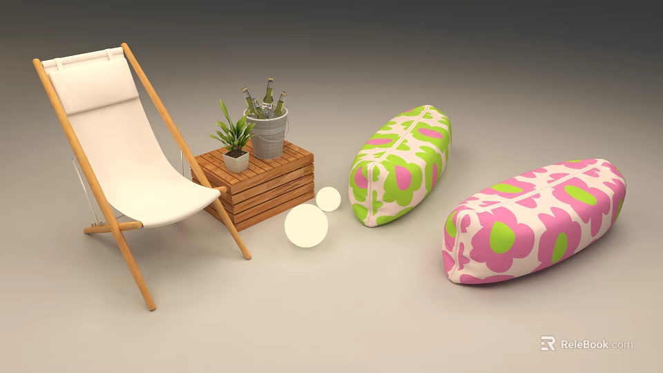 Public Chair Setup With White Folding Chair Wooden Table And Floral Bean Bags 3d model 