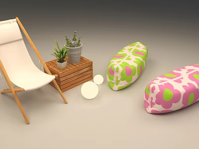 Public Chair Setup With White Folding Chair Wooden Table And Floral Bean Bags 3d model