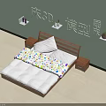 Simple Double Bed With Wooden Headboard Colorful Patterned Quilt And Bedside Tables 3d model