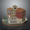 European Building Model with Red Roofs Colorful Walls Arched Windows and Small Balconies
