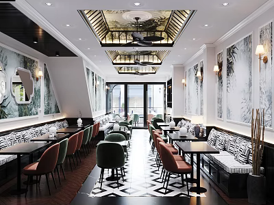 Elegant Modern Restaurant Interior With Stylish Tables Chairs Ceiling Lights And Decorative Wall Art 3d model