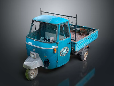 Blue Three Wheeled Cargo Truck With Open Bed And Metal Frame Cab 3d model