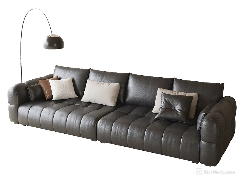 Black Leather Sectional Sofa with Multiple Decorative Pillows and Modern Floor Lamp in Living Room 3d model 