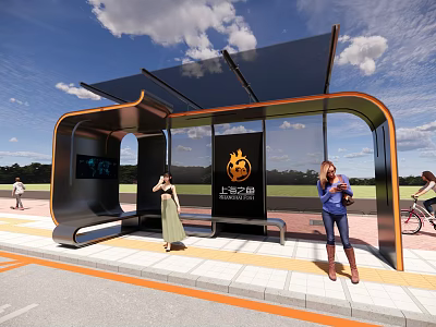 Modern Bus Stop With Shelter Glass Walls Digital Screen And People Waiting 3d model