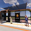 Modern Bus Stop With Shelter Glass Walls Digital Screen And People Waiting